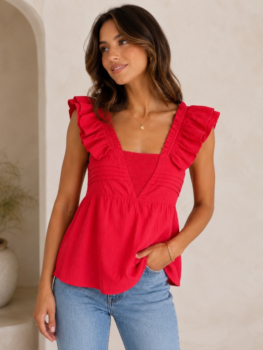 Guess Jeans Red Ruffle Top (small)
